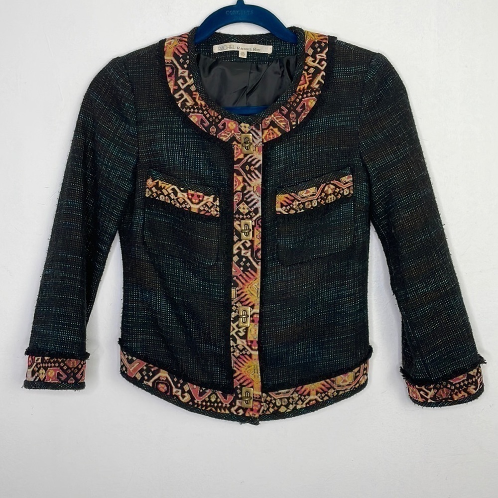 RACHEL Roy tweed fringe trim abstract print blazer